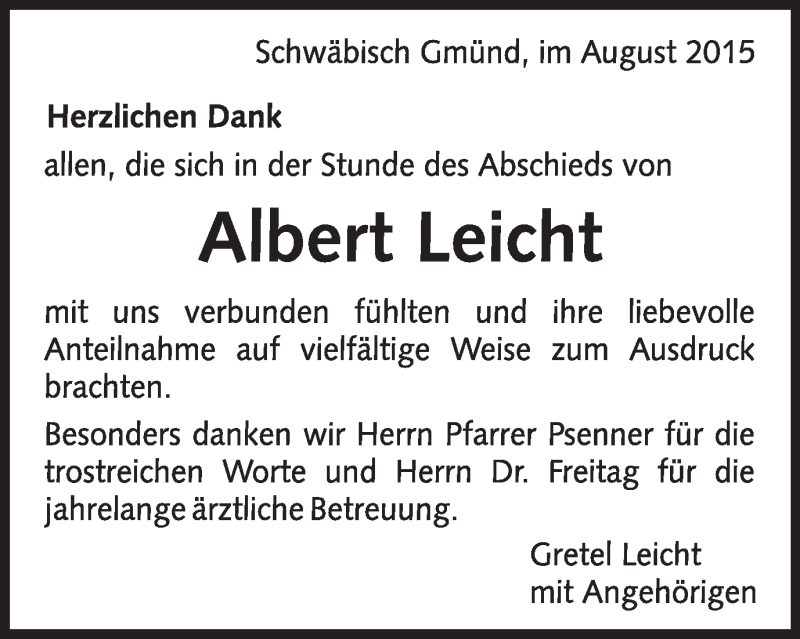  Traueranzeige für Albert Leicht vom 07.08.2015 aus Gmünder Tagespost