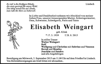 Traueranzeige von Elisabeth Weingart von Gmünder Tagespost