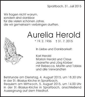 Traueranzeige von Aurelia Herold von Gmünder Tagespost