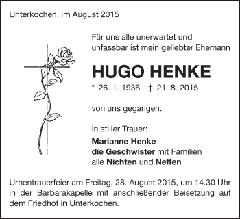 Traueranzeige von Hugo Henke  von Schwäbische Post