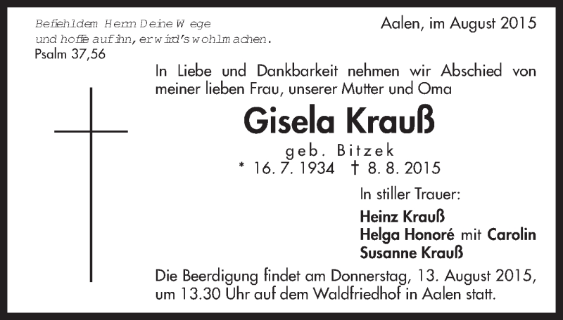  Traueranzeige für Gisela Krauß vom 11.08.2015 aus Schwäbische Post