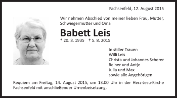 Traueranzeige von Babett Leis von Schwäbische Post