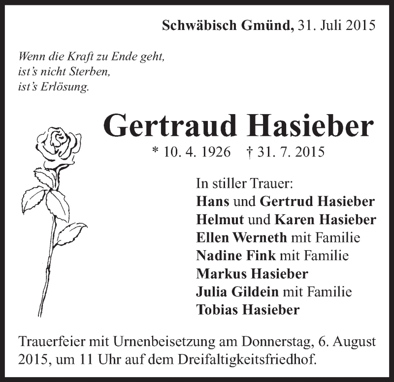  Traueranzeige für Gertraud Hasieber vom 03.08.2015 aus Gmünder Tagespost