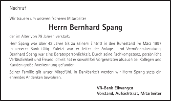 Traueranzeige von Bernhard Spang von Schwäbische Post