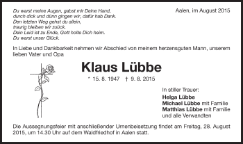 Traueranzeige von Klaus Lübbe von Schwäbische Post