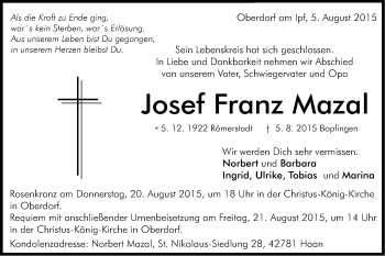Traueranzeige von Josef Franz Mazal von Schwäbische Post