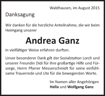 Traueranzeige von Andrea Ganz von Gmünder Tagespost
