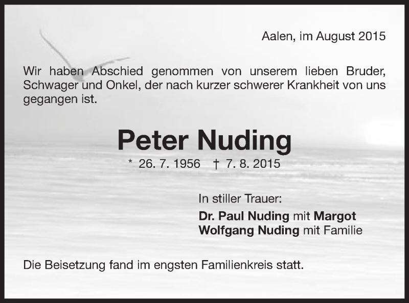  Traueranzeige für Peter Nuding vom 19.08.2015 aus Schwäbische Post