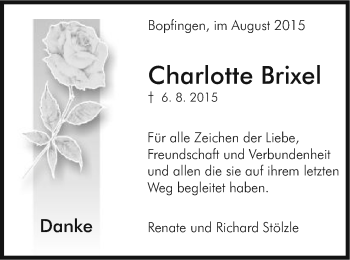 Traueranzeige von Charlotte Brixel von Schwäbische Post