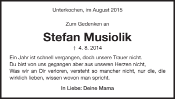 Traueranzeige von Stefan Musiolik von Schwäbische Post