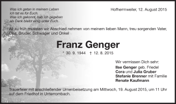 Traueranzeige von Franz Genger  von Schwäbische Post
