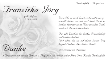 Traueranzeige von Franziska Jörg von Schwäbische Post