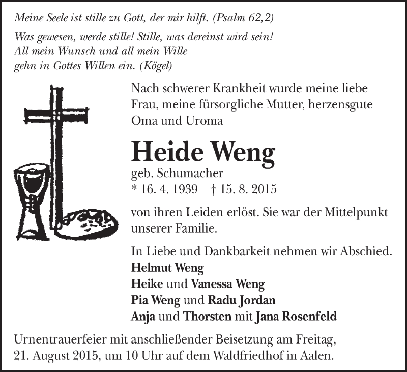  Traueranzeige für Heide Weng vom 19.08.2015 aus Schwäbische Post