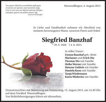 Traueranzeige von Siegfried Banzhaf von Schwäbische Post