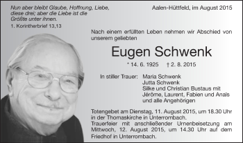 Traueranzeige von Eugen Schwenk von Schwäbische Post