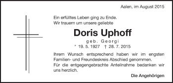 Traueranzeige von Doris Uphoff von Schwäbische Post