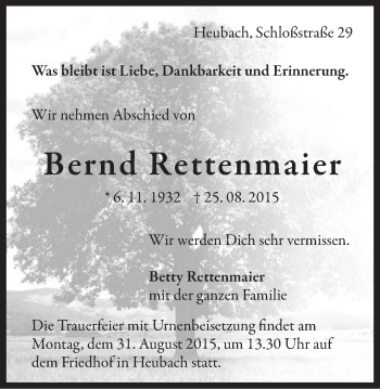 Traueranzeige von Bernd Rettenmaier von Gmünder Tagespost