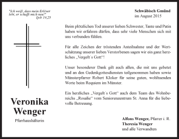 Traueranzeige von Veronika Wenger von Gmünder Tagespost