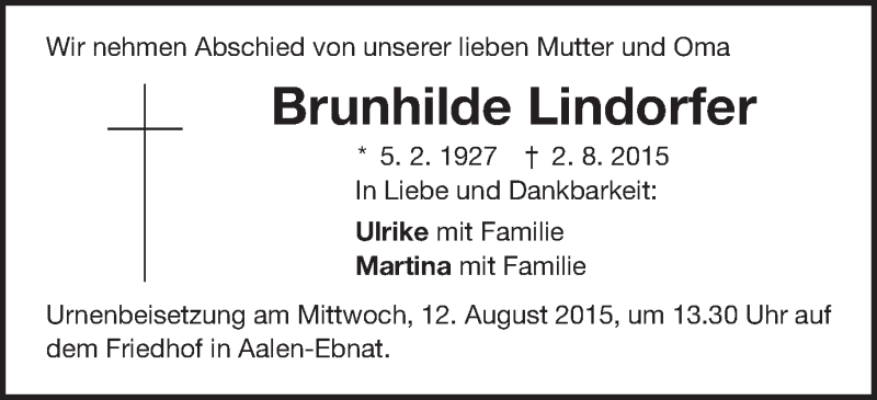  Traueranzeige für Brunhilde Lindorfer vom 06.08.2015 aus Schwäbische Post