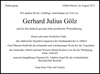 Traueranzeige von Gerhard Julius Gölz von Gmünder Tagespost