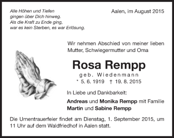 Traueranzeige von Rosa Rempp von Schwäbische Post