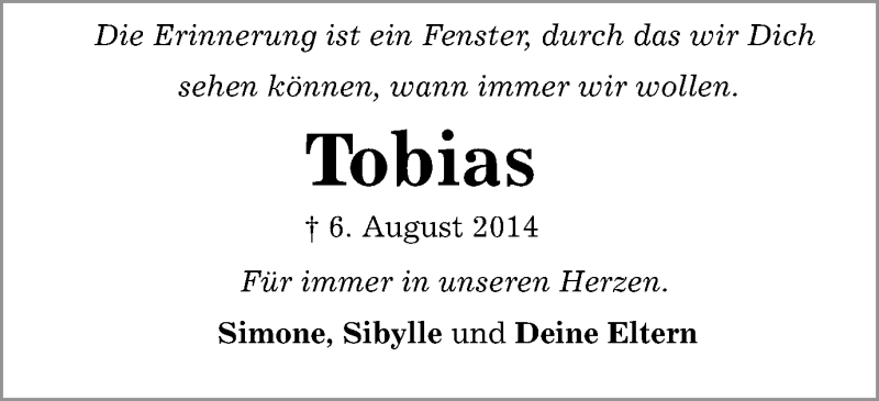 Traueranzeige für Tobias Schaber vom 07.08.2015 aus Schwäbische Post