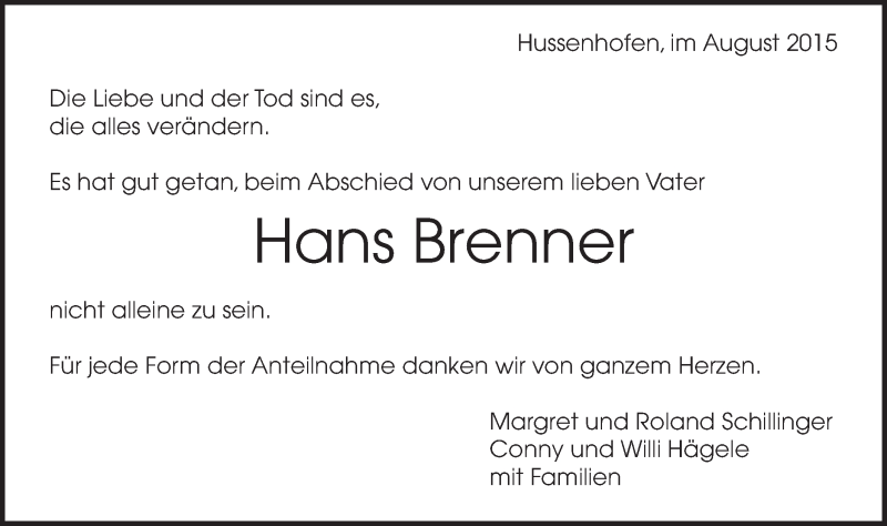  Traueranzeige für Hans Brenner vom 05.08.2015 aus Gmünder Tagespost
