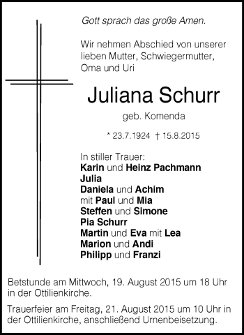 Traueranzeige von Juliana Schurr von Gmünder Tagespost