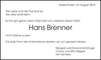 Traueranzeige von Hans Brenner von Gmünder Tagespost