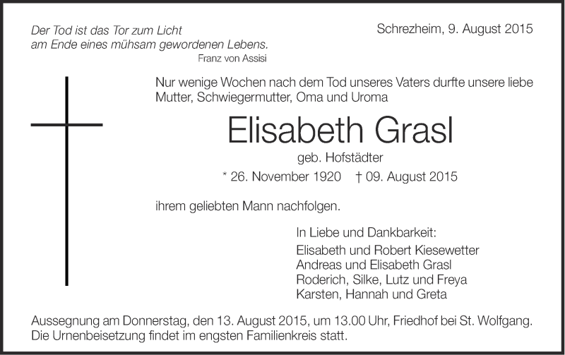  Traueranzeige für Elisabeth Grasl vom 11.08.2015 aus Schwäbische Post