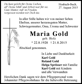 Traueranzeige von Maria Gold von Gmünder Tagespost