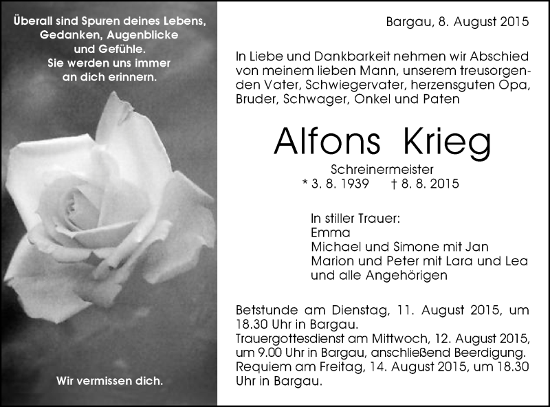  Traueranzeige für Alfons Krieg vom 10.08.2015 aus Gmünder Tagespost