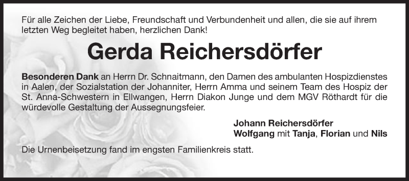  Traueranzeige für Gerda Reichersdörfer vom 01.08.2015 aus Schwäbische Post