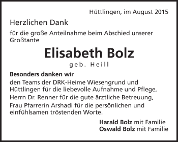Traueranzeige von Elisabeth Bolz von Schwäbische Post