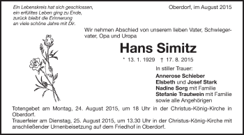 Traueranzeige von Hans Simitz von Schwäbische Post
