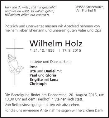 Traueranzeige von Wilhelm Holz von Schwäbische Post