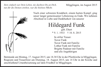 Traueranzeige von Hildegard Funk von Gmünder Tagespost