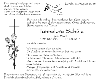 Traueranzeige von Hannelore Schüle von Gmünder Tagespost