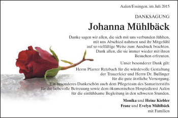 Traueranzeige von Johanna Mühlbäck von Schwäbische Post