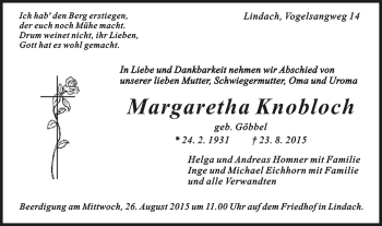 Traueranzeige von Margaretha Knobloch von Gmünder Tagespost