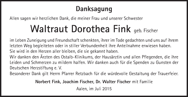  Traueranzeige für Waltraut Dorothea Fink vom 01.08.2015 aus Schwäbische Post