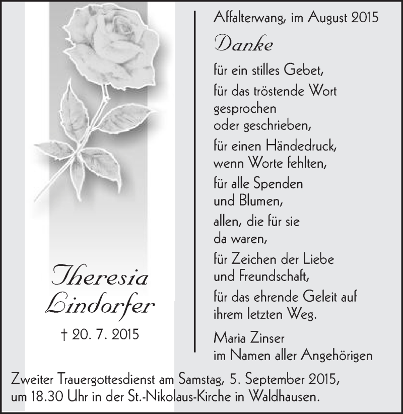  Traueranzeige für Theresia Lindorfer vom 29.08.2015 aus Schwäbische Post