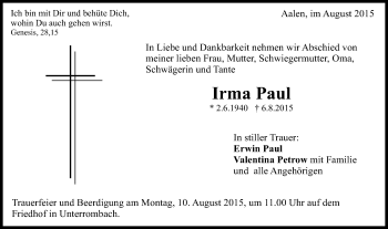 Traueranzeige von Irma Paul von Schwäbische Post
