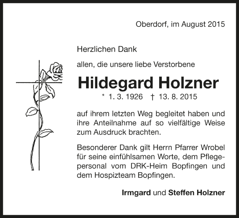  Traueranzeige für Hildegard Holzner vom 29.08.2015 aus OstalbTrauer
