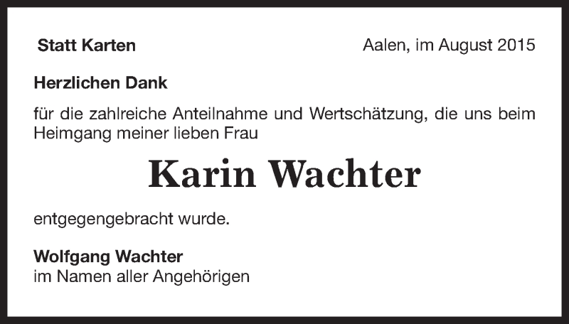  Traueranzeige für Karin Wachter vom 03.08.2015 aus Schwäbische Post