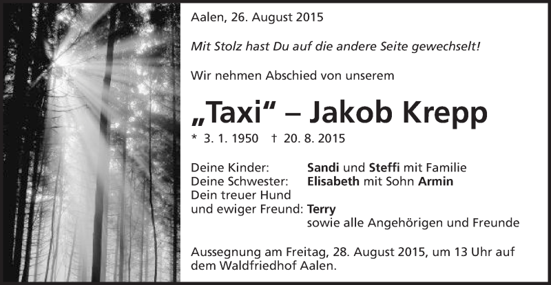 Traueranzeige für Jakob Krepp vom 26.08.2015 aus Schwäbische Post