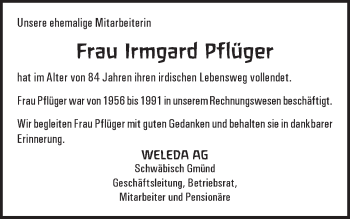 Traueranzeige von Irmgard Pflüger von Gmünder Tagespost