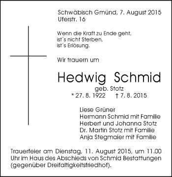 Traueranzeige von Hedwig Schmid von Gmünder Tagespost