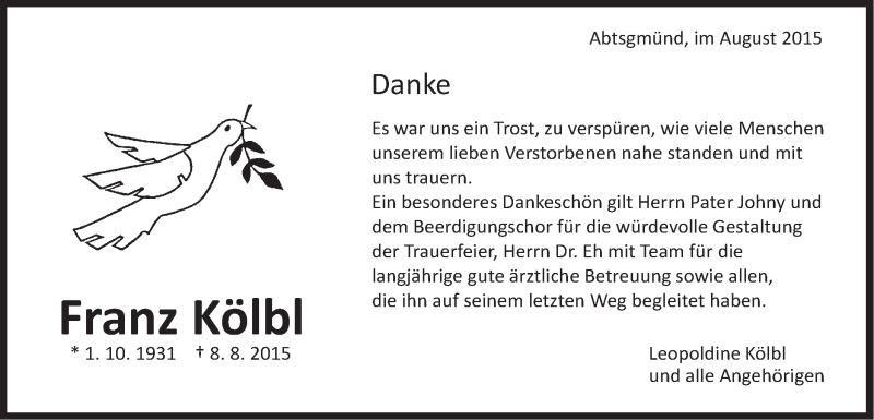  Traueranzeige für Franz Kölbl vom 22.08.2015 aus Schwäbische Post
