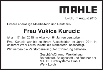 Traueranzeige von Vukica Kurucic von Gmünder Tagespost